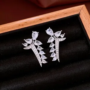 Leaf Shape Cubic Zirconia Stud Earrings With 925 Sterling Silver Earring Post Copper Luxury Shiny Jewelry For Women