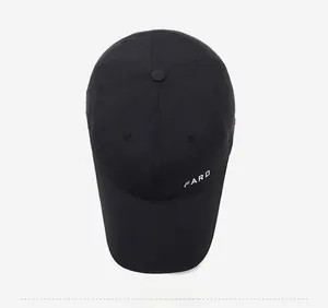 Top view of a black baseball cap with white FARD embroidery and breathable eyelets