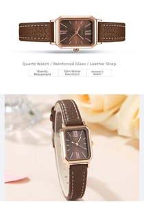 Detail view of square quartz watch featuring a brown leather strap and 30m waterproof scale
