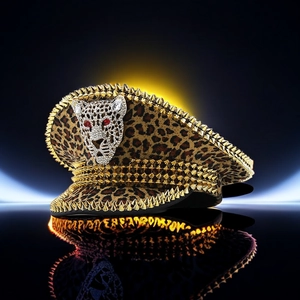Detailed view of leopard print hat with gold punk studs and a crystal leopard head ornament