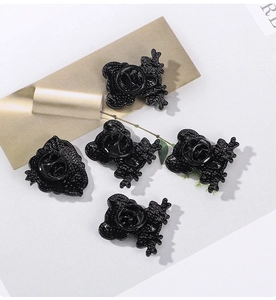 Detailed back view of five black enamel animal brooches with secure butterfly clutch pins