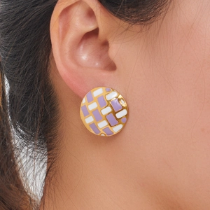 Elegant round stainless steel earrings featuring purple and gold checkered enamel pattern