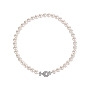 Elegant white pearl necklace featuring a sparkling silver diamond-encrusted clasp