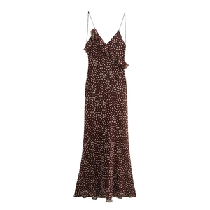 Polka Dot Camisole Maxi Dress Sexy V Neck Ruffle Trim Backless Chiffon High Waist Elegant Long Party For Women