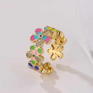 Flower Enamel Open Ring Copper Gold Plated Irregular Geometric Adjustable Finger Jewelry For Women With Zircon