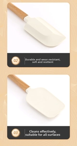 Close-up of flexible silicone spatulas with wooden handles for baking and scraping