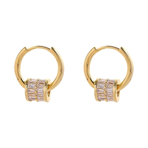 Elegant gold cylinder hoop earrings featuring sparkling white zircon stone inlay