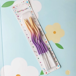 Set of 6 purple and gold glitter spiral birthday candles with white plastic holders