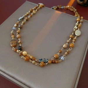 Multi-layer natural stone beaded necklace with vintage glass beads and golden accents
