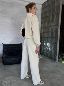 Damen Fleece-Trainingsanzug Set in Creme mit Halbreißverschluss und weiter Jogginghose