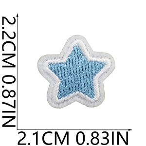 Macro shot of a blue five-pointed star embroidery patch with size dimensions