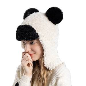 Winter plush panda aviator hat with furry ears and warm ear flaps for cold protection
