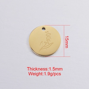 Detailed view of 15mm gold birth flower pendant with dimensions and weight specs