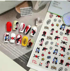 Close-up of retro pop art comic style nail stickers with vintage graphics and chic motifs