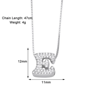 Detailed dimensions of letter E necklace with zircon showing 47cm chain and 12mm pendant