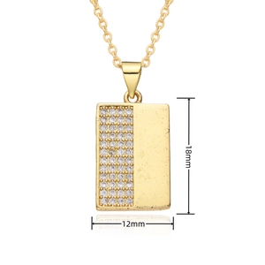 Detail view of gold rectangular pendant necklace with white zircons and 18x12mm measurements