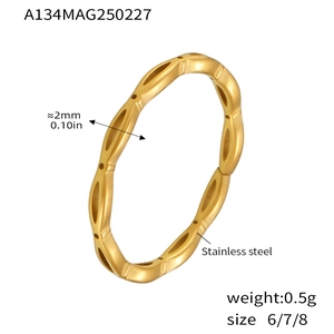 Detail view of 2mm hollow chain wave ring in stainless steel with PVD gold plating