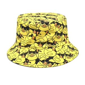 Unisex yellow bucket hat with cartoon duck pattern and multiple row stitching on the brim