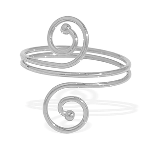 Elegant silver polished spiral open bangle with minimalist design on white background