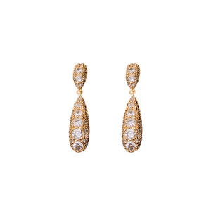 Elegant gold-tone teardrop dangle earrings with pave-set zircons and beaded edge detail