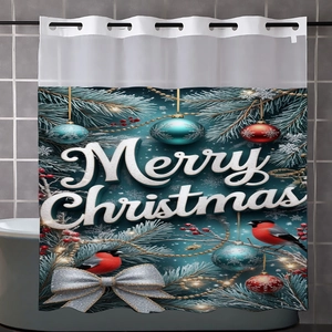Christmas shower curtain with Merry Christmas print, teal and red festive bathroom decor