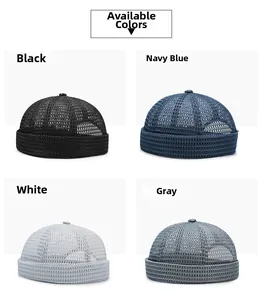 Detail view of breathable mesh docker caps in black, navy, white, and grey colors