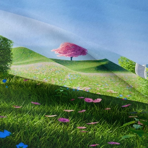 Bohemian landscape tapestry with vivid cherry blossoms and lush green hills for room decor
