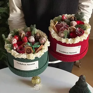 Christmas Gift Box Round Velvet Packaging Bag Handle Flower Apple Candy Santa Reindeer Plaid Decor Festive