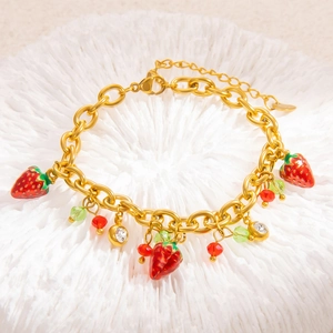 Gold stainless steel chain bracelet with strawberry pendant and crystal beads