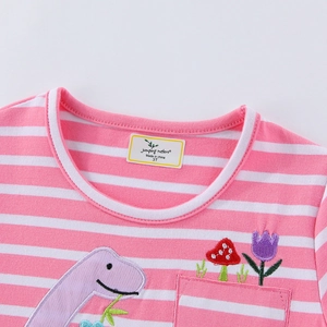 Robe rayée rose pour filles avec broderie mignonne de dinosaure et de fleurs