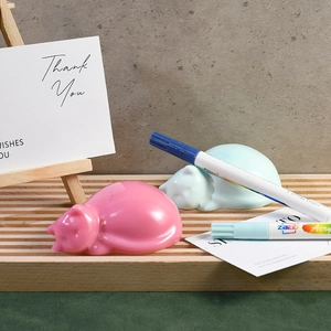 Detail view of pink and blue sleeping cat pen rests on a light wood tray setting