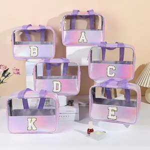 Irisierende transparente wasserdichte Kosmetiktaschen mit lila Griff und Pailletten Alphabet