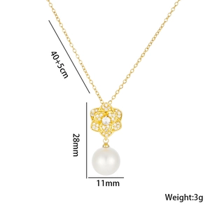 Elegant gold flower pearl necklace with zircon petals on 40 plus 5cm chain jewelry