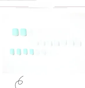 Macro shot of 24 pieces of matte mint blue square press-on nails on a white background