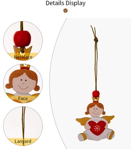 Detail view of wooden Christmas angel ornament with red heart and snowflake patterns