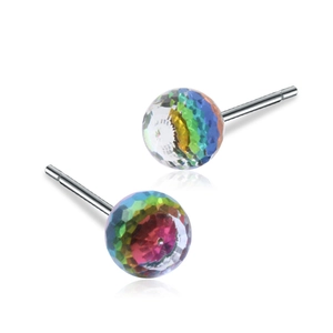 Elegant S925 silver stud earrings featuring faceted colorful crystal spheres in white background