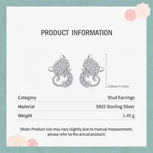 Cute S925 sterling silver cat stud earrings with sparkling cubic zirconia stones