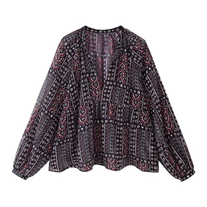 Bohemian Paisley Print Blouse For Women V Neck Long Bubble Sleeve Loose Ethnic Chiffon Shirt Pullover Top