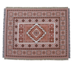 Bohemian geometric woven cotton throw blanket with red-brown ethnic patterns and tassels