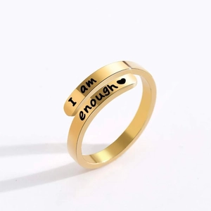 Minimalist gold S925 sterling silver open ring featuring 'I am enough' engraving