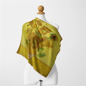 Detailed close-up of Van Gogh sunflower silk square scarf on a white mannequin