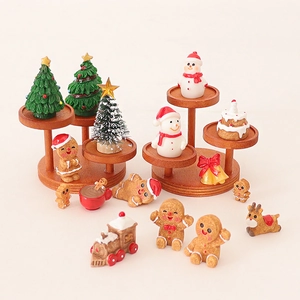 Mini Christmas miniature resin figurines with snowman and gingerbread man on wooden stands