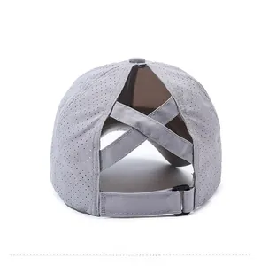 Detail view of quick-dry baseball cap with criss-cross elastic bands for ponytails