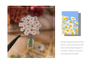 Close-up of tweezers picking up a vintage white daisy PET sticker for scrapbooking