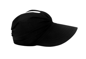 Side view of black sun visor hat featuring unique pleated texture and wide brim for sun protection