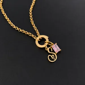 14K gold plated stainless steel bracelet with letter S pendant and pink gemstone