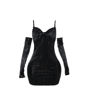 Sparkly black bodycon velvet dress with silver sequins and matching arm sleeves