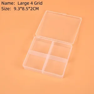 Macro view of clear 4-grid plastic organizer box measuring 9.3x8.5x2cm for jewelry