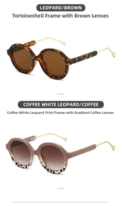 Detail view of retro leopard and tortoiseshell round sunglasses with gold metal temples