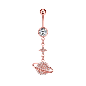 Detail of rose gold navel ring featuring zircon-studded star and saturn pendants